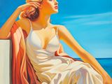 une image représentant un tableau où l'on voit une femme en robe blanche assise sur une chaise rouge