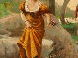 an image of a painting of a woman in a yellow dress walking down a path