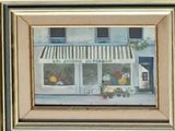 painting of a storefront with a couple of people sitting outside of it