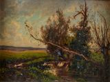 peinture représentant un paysage avec un ruisseau et des arbres au premier plan