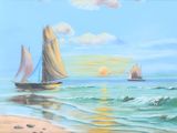 painting of sailboats on the beach at sunset on a sunny day