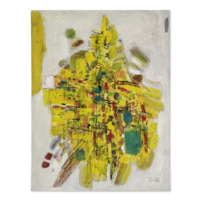 une peinture composée de touches de jaune et de vert sur un fond blanc