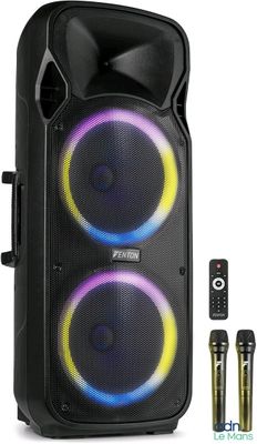 une image représentant une enceinte équipée de deux microphones et d'une télécommande