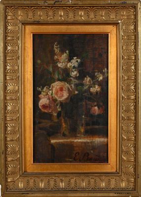 a painting of flowers in a vase on a table