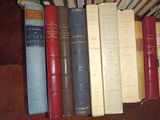 many books on a shelf that are lined up