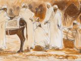 painting of a group of people standing around a horse in a field