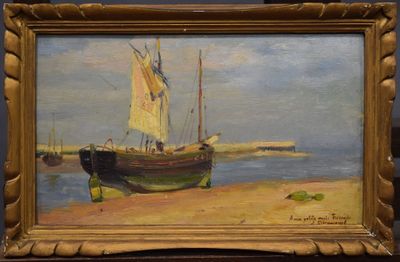 an oil painting of a boat on a beach near a body of water
