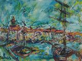 une peinture de bateaux dans un port avec des bâtiments à l'arrière-plan