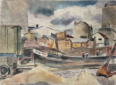 a watercolor painting of a boat in a harbor