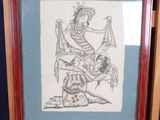framed drawing of a woman sitting on a horse with a bird in her hand