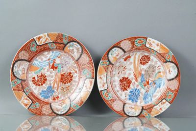 pair of japanese imari porcelain plates with flowers and birds