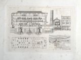 an old drawing of a building with a bunch of different sections of it