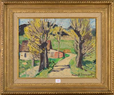 un tableau représentant une route de campagne avec des arbres et des maisons en arrière-plan