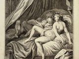 an old book with a drawing of a woman laying on a bed next to a cat