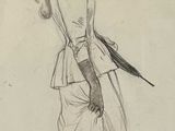 un dessin représentant une femme en robe et chapeau, tenant une épée