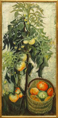 an oil painting of tomatoes and a basket of oranges on a table
