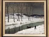 une peinture à l'huile représentant un homme debout dans la neige, près d'une rivière