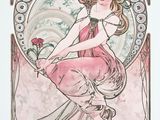 tableau représentant une femme en robe rose assise sur une fleur