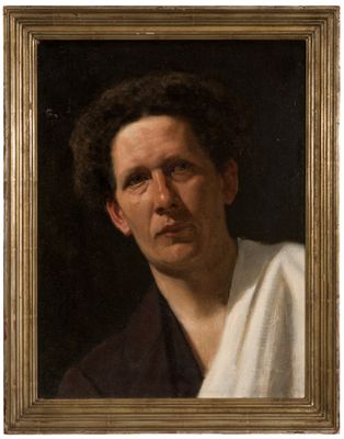 an oil painting of a man with a white towel around his neck