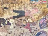 a collage of a woman and a dog in a car