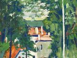une peinture à l'huile représentant une maison dans un champ avec des arbres en arrière-plan