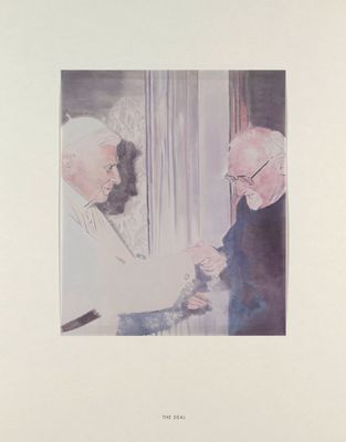 painting of a man shaking another man ' s hand in front of a window