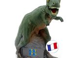 un dinosaure assis sur un rocher à côté d'une horloge
