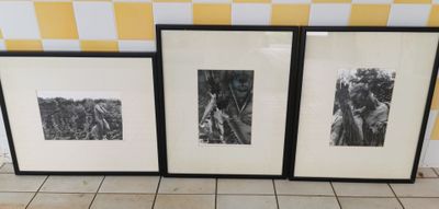 three black and white photographs hanging on a wall