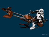 a lego star wars trooper riding a motorcycle with a gun