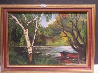 un tableau représentant un bateau sur l'eau, près d'un arbre
