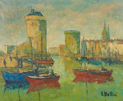 peinture de bateaux dans un port avec un château en arrière-plan