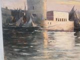 a painting of boats in the water near a building