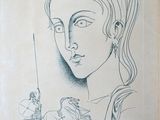 dessin représentant une femme avec une calèche devant elle