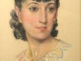 portrait of a woman in a white dress with a flowered collar