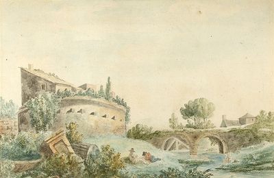 École anglaise, vers 1800 Le repos près du pont