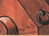 a painting of a red suitcase with writing on it