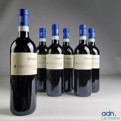 six bottles of wine are lined up in a row on a white surface
