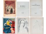 a group of six books with drawings of women and men on them