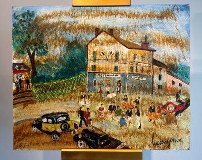 une photo d'un tableau posé sur un chevalet représentant une scène de rue