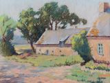 une peinture à l'huile représentant une maison et un arbre dans un champ