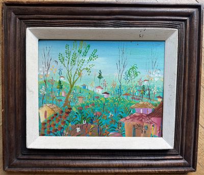 framed oil painting of a landscape with houses, trees, and flowers