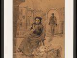 an old picture of a woman sitting on a chair in a room