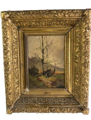 un tableau représentant un arbre dans un champ, avec une vache en arrière-plan