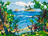 an oil painting of a view of the ocean through a forest