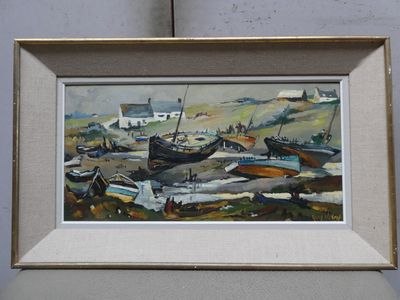 une image d'une peinture de bateaux sur la plage