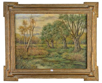 une peinture à l'huile représentant un paysage avec des arbres et un ruisseau