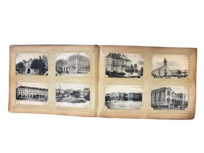 an old photo of a book with a bunch of pictures on it