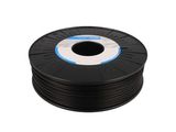 une bobine de filament PLA noir sur fond blanc
