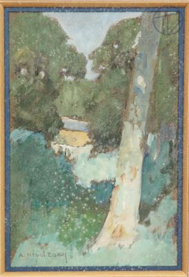 an image of a painting of a house in the woods