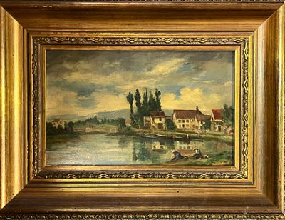 tableau représentant une scène fluviale avec une maison et un bateau au premier plan